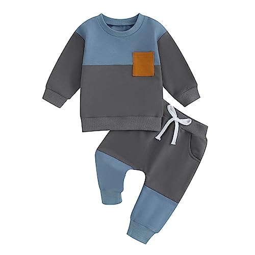 Image of kacubwyy Toddler Baby Boy Outfits Long Sleeve Pocket Pull On Sweatshirt Solid Pants Infant Fall Winter Clothes Set