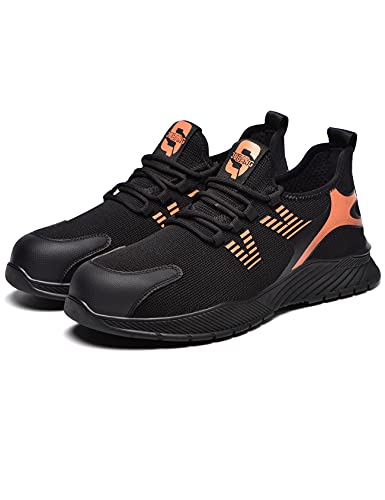 Legou Zapatos de seguridad para hombre europeos estándar zapatos de trabajo deportivos transpirables luz puntera de acero zapatos antideslizantes, naranja, 47 EU