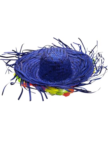 Image of BookMyCostume Blue Goa Beach Hat for Women - Handmade Straw Sun Hat with Artificial Flower Decoration | Hawaiian Style Colorful Hat for Girls & Ladies | Vibrant Beach Party Accessory for Adults