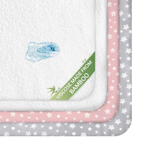 Image of Crib Sheets & Waterproof Crib Mattress Protector for Boys 4 Pack Set, Viscose, Waterproof Crib Sheets Mattress Pad Cover, Grey & Pink