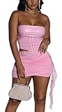 kaimimei Two Piece Skirt Set for Women Sexy 2 Piece Leather Tube Crop Top Mini Skirt Set Y2k Club Outfits Medium Pink