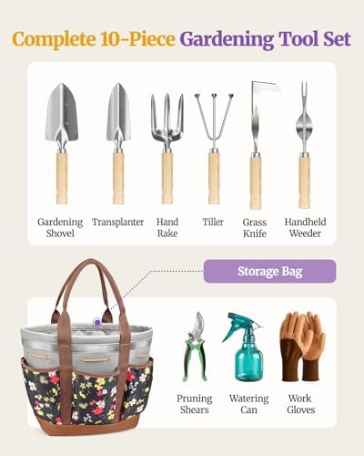 Floraxa 10Pcs Garden Tool Set, Rust-Proof Stainless Steel, Ash Wood Handles - 2
