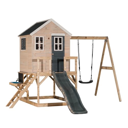 Wendi Toys M24-K Casa de zanco con tobogán, cocina de juegos, casa de juegos de madera FSC, jardín infantil, exterior, 330 × 350 × 242 cm, con columpio, grifo, piscina de arena, resistente a la