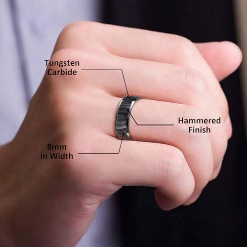 Mens Tungsten Wedding Bands Hammered Ring 8mm Classic Black/Gold/Silver Wedding Rings with Beveled Edges Comfort Fit Jewelry Gift for Him Size 7-134