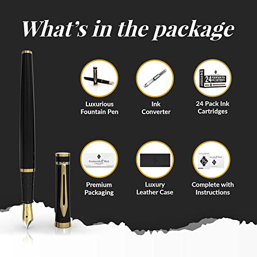 Wordsworth & Black Fountain Pen Set, 18K Gilded Broad Nib, Includes 24 Pack Ink Cartridges, Ink Refill Converter & Gift Box, Gold Finish, Calligraphy, [Black Gold], Perfect For Men & Women #TOP4