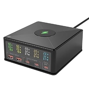 Cargador para múltiples dispositivos, Cargador USB de 160W y 5 puertos, concentrador de estación con cargador inalámbrico de 15W, pantalla LCD USB-C QC3.0 PD 65W, cargador rápido Carga rápida con múlt