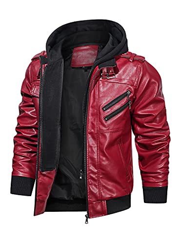Hood Crew Herren Motorradjacke aus PU-Kunstleder mit abnehmbarer Kapuze, rot, L