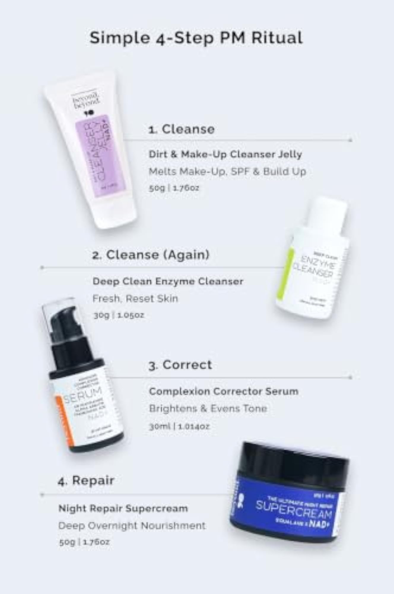 Evening Skincare Routine Kit with NAD+, Cleanser, Brightening Serum & Night Cream