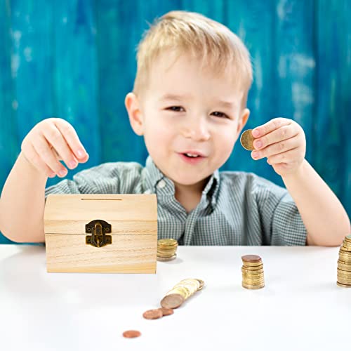 Unfinished Wood Treasure Chest Box Savings 4.72 x 3 x 3.23 Inch Treasure Chest Box Unpainted DIY with Paint Brushes and Craft Gems Self Adhesive Rhinestones Stickers (24 Pcs)