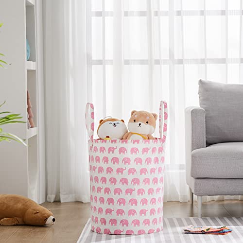 Image of Baby Laundry Basket Nursery Hamper with Long Handles, Pink Elephant