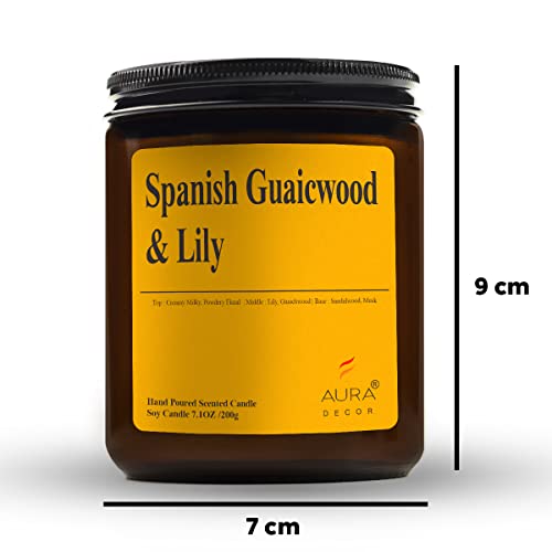Image of AuraDecor Scented Jar Candle | Handpoured Soy Wax Candle with Long Lasting Burn Time | Premium Amber Jar Aromatherapy Candle | Ideal Gift for Home & Decor (Extra Large, Spanish Guwaicwood & Lily)