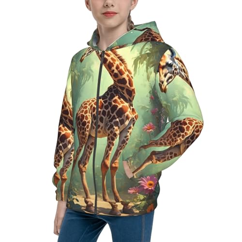 Forest Giraffe Kids Pullover Hoodies Boys Zip Up Sweatshirts Girls Athletic Clothes with Pocket