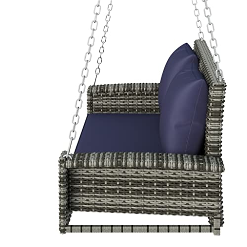 Jahh 2-Person Wicker Hanging Porch Swing With Chains, Blue Cushion, Pillow, Rattan Swing Bench For Garden, Backyard, Pond #TOP3