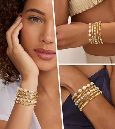 Adoyi Gold Bracelets For Women, 14K Gold Plated Beaded Bracelets Stack Trendy Stackable Bracelet Set Strand Stretch Pearl Ball Bracelet Gold Jewelry Set For Women Gift thumb #2