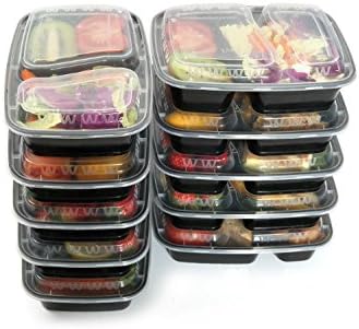 Meal Prep Containers 3 Compartment-20 Pk Food Storage Container with Lids for Portion Control-Plastic Bento Box Lunch Box Set,Reusable,Microwave Dishwasher,Freezer Safe with 20 Sporks(36ounce)