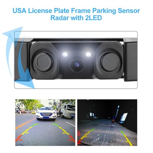 Image of License Plate Camera, 3 in 1 Car License Plate Frame Parking Sensor Rearview Reverse Backup Camera 2LED