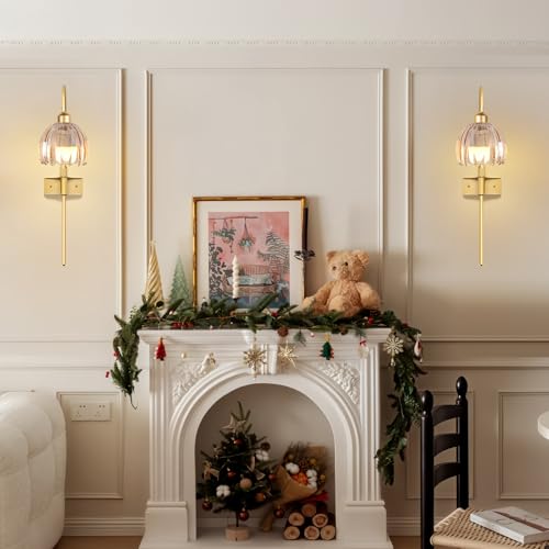 Image of Vintage Battery Operated Wall Sconces Set of Two, Flower Wireless Rechargeable Battery Powered Wall Lights Lamp with Remote Control & Green Glass Lampshade,Gold Wall Sconces for Bedroom Living Room