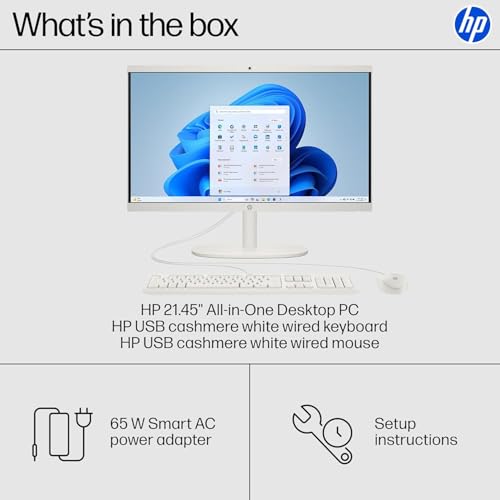 Image of HP 21.45 inch FHD All-in-One PC, Intel N200 Processor, 16GB DDR5 RAM, 1TB PCIe SSD, HDMI, WiFi 6, Windows 11 Pro, Wired Keyboard & Mouse + External 9H 6-in-1 DVD Drive, White