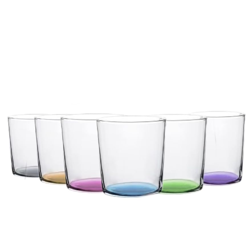 TRESV Set de 6 Vasos de cristal agua de Colores, Vasos de Cristal de 345cc y 520cc Multicolor y Transparentes, Aptos...