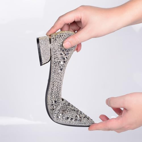 Women's Low Block Chunky Heels Dress Shoes, Rhinestone Comfort Dress Shoes for Women, Pointed Toe Soft Dress Wedding Shoes for Party Office3