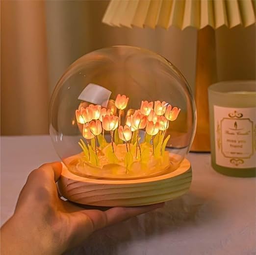 Prime Choice 3D Tulip Night Light Creative Engraved Aesthetic Ball Dim Night Lamp, USB Powered Bed Table Lamp LED Wooden Base for Home Decoration, Birthday, Gifts, Teens (Tulip Lamp).S