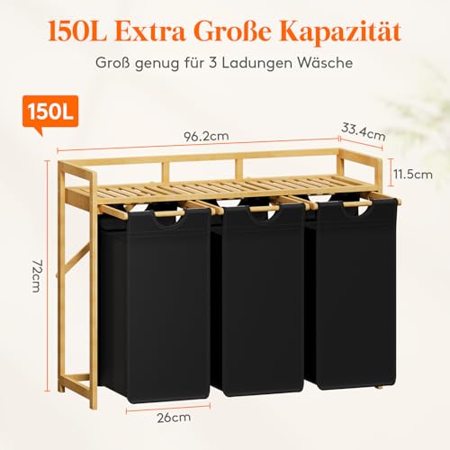 Lifewit Wäschekorb mit Bambusrahmen, 150L Wäschesammler 3 Fächer, Abnehmbarer Wäschebox Bambus Wäschesortierer für Kleidung, Handtücher, Spielzeug, 96. 2X 33.4 X 72 cm, Schwarz