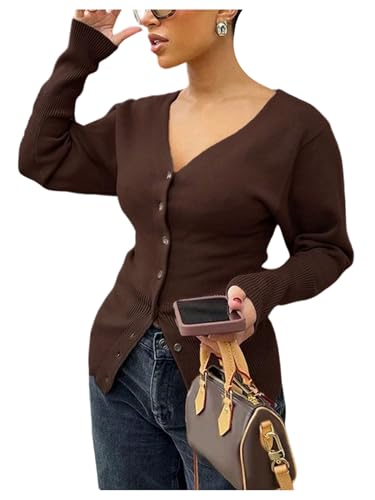 GORGLITTER Women's Button Up Cardigan Sweaters Cinched Waist Deep V