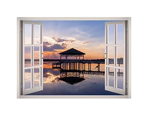 West Mountain Beach Sunset Bay Window 3D Wall Decal Art Removable Wallpaper Mural Sticker Vinyl Home...