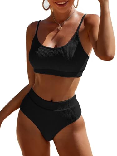 Image of Fanuerg Women's Ribbed High Waisted Bikini Sets Scoop Neck Two Piece Swimsuits Spaghetti Strap Textured Bathing Suit