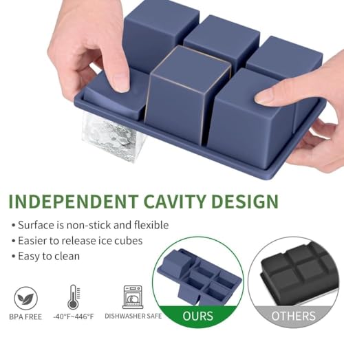 Image of Ice Cube Molds with Lid,Big Silicone Ice Cube Tray for Whiskey,2Inch Square Ice Cube Tray,Easy-Release Ice Mold,Giant Ice Cubes for Bourbon Cocktail (2, Navy Blue)