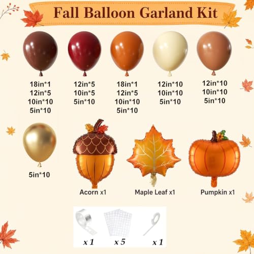 Image of 162pcs Fall Balloon Arch Kit, Thanksgiving Garland in Burnt Orange Burgundy Coffee Nude Balloons with Foil Pumpkins, Pinecones & Maple Leaves for Thanksgiving Autumn Harvest Birthday Party