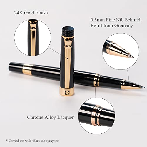 Keyzor Luxury Rollerball Pen, Black Lacquer With Real 24K Gold Trim, Schmidt Refill Premium Pens Writing Pens Black Pen Executive Pen Gift Box #TOP7
