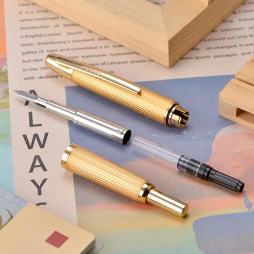 Image of Jinhao 10 Press Fountain Pen with Box, Brushed Matte Gold Retractable Fine Nib with Converter Set (Golden Clip)