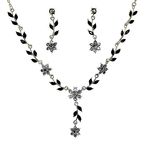 Mevoi Charming Floral Crystal Necklace and Earring Set - Black