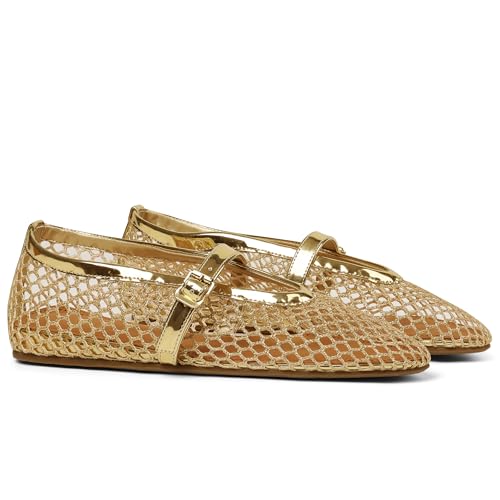 AMINUGAL Mesh Ballet Flats Shoes for Women Fashion Round Toe Fishnet Flats for Women Buckle Strap Mary Jane Shoes Women Comfortable Casual Office Daily Dress Ballerina Shoes2