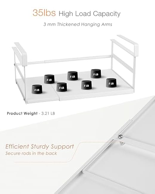 Under Shelf Storage Basket Expandable Organizer, 2 Pack Hanging Baskets Under Cabinet Shelf, Add-on Space Saver Pantry Kitchen Cupboard Desk Counter Bookshelf, Heavy-Duty Slide-in White