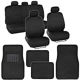 BDK Classic Full Set - Mesh Cloth Polyester Solid Black Car Seat Covers & Carpet Floor Mats