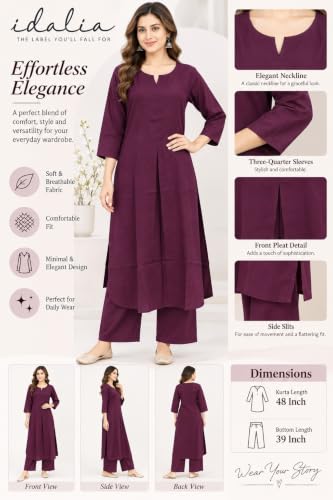 Image of idaLia Rayon Solid Straight Brown Kurta Set for Women with Palazzo 3 /4 Sleeve, Round V Neck Designer Kurta with Palazzo Pant Set