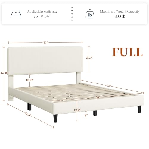 Image of Yaheetech Full Size Bed Frame with Adjustable Headboard, Chenille Fabric Upholstered Headboard /Platform Bed, Full Bed Frame No Box Spring Needed /Wood Slats Support /Easy Assembly /Beige | Chenille Fabric Upholstered Platform Bed, Queen Size Bed Frame No Box Spring Needed /Wood Slats Support /Easy Assembly
