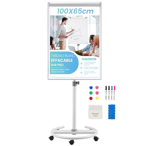 SWANCROWN Tableau Blanc Effacable sur Pied, Paperboard, Magnetique, Réglable en Hauteur, Tableau Blanc Mobile Chevaletavec cadre Aluminium, 100x65cm