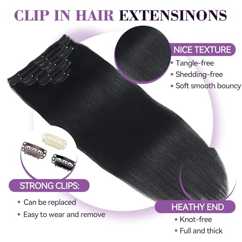 Image of Clip in Hair Extensions Real Human Hair 18 inch 100g /3.6oz Straight Seamless Invisible Human hair Extensions Clip ins for Women Double Weft 8pcs #1-Jet Black