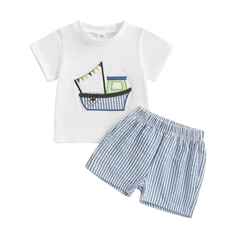 Bagilaanoe 2PCS Summer Outfit Toddler Baby Boy Sailboat Short Sleeve T-Shirt Plaid Shorts Set Infant Boy Clothes (Blue, 6-12 Months)