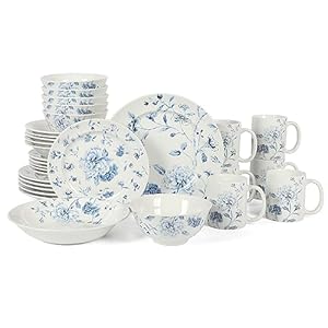 Martha Stewart Empress Bouquet Decorated Porcelain Dinnerware Plates and Bowls Set – Blue Floral, Service for 6 (30pcs)
