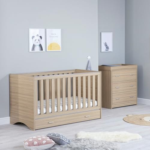 Babymore Veni 2 Piece Nursery Room Set with Drawer Oak - 1 Drawer Under Baby Cot Bed & 1 Chest Changer With 3 Double Handle Drawers, Wooden Chest Changer Storage Cabinet | 2 Piece Room Furniture