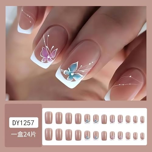 Ohwoda French Tip Press On Nails Medium Square Fake Nails Glossy Pink Blue Butterfly False Nail Tips Nude Artificial Nails Finger Manicure Decorations For Women And Girls-24Pcs thumb #1
