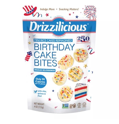 Drizzilicius Birthday Cake Mini Rice Cakes, White Chocolate Drizzled Snack, Gluten Free, Vegan, Non-GMO, Plant Based, Low Calorie Crunchy Snack, 4 Oz - Celebrate 250 Years of the USA