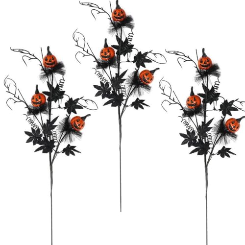 RSACCSKY 3 Pack Halloween Branches Picks Stems Glitter Fake Twig with Pumpkin Berries Black for Vases Haunted House Gothic Floral Decor Artificial Flowers Berry Stems for Vase (A)
