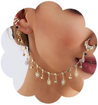 Wiwpar Gold Flower Nose Hoop Chain Rings Black Crystal Pendent Non Piercing Nose Rings Nose to Ear Chain Indian Fake Septum Ring Nose Body Jewelry Nose Dangle Earrings for Women (Style6)