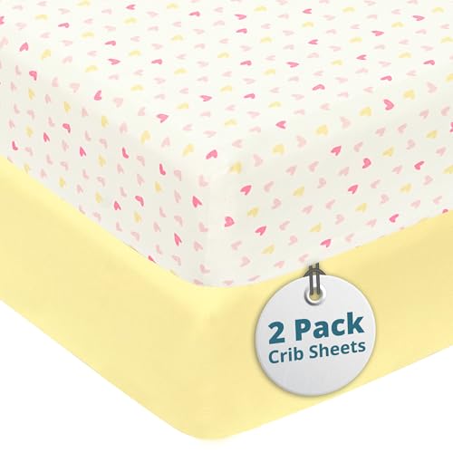 Image of Little Peaches Baby Sheets for Crib - Super Soft & Breathable Toddler Sheets, Portable Crib Sheets for Boys & Girls, 4 Way Stretch Knitted Fitted Crib Sheet, Baby Bedding, 2 Pack - Heart & Vanilla