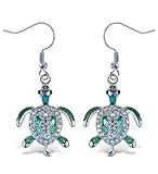 Puzzled Sparkling Green Sea Turtle Earrings - Cute Silver Drop Earrings, Sea Turtle Earrings for Women, Sterling Silver Fish Hook Earrings with Rhinestone Crystals, Elegant Ocean Jewelry Gift